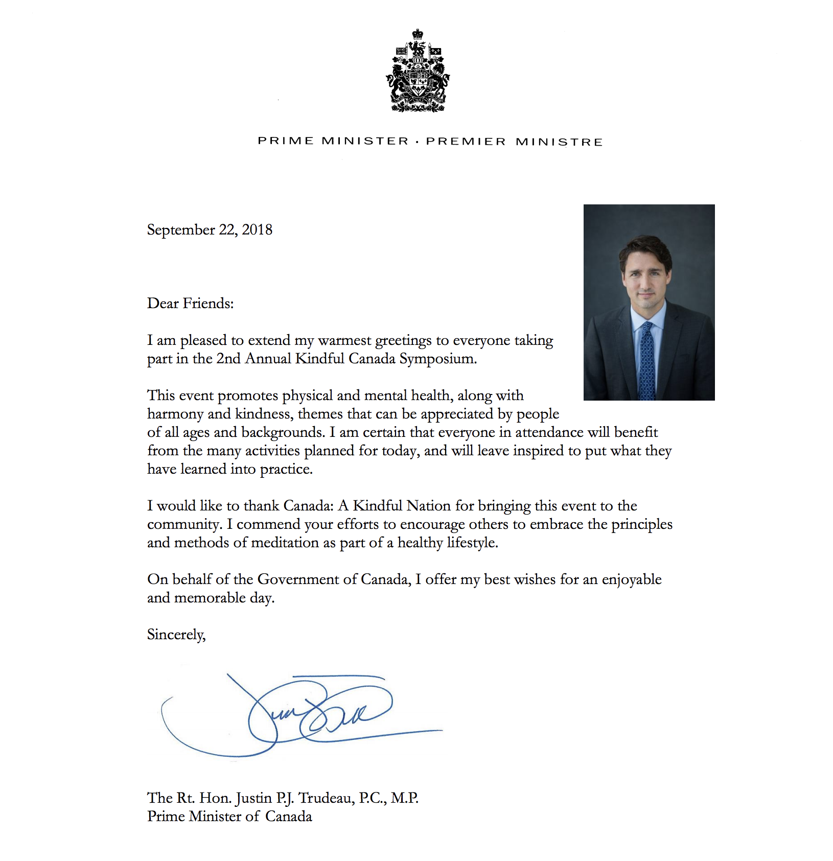 Special Greeting Message from the Right Honorable Justin Trudeau, the Prime Minister of Canada